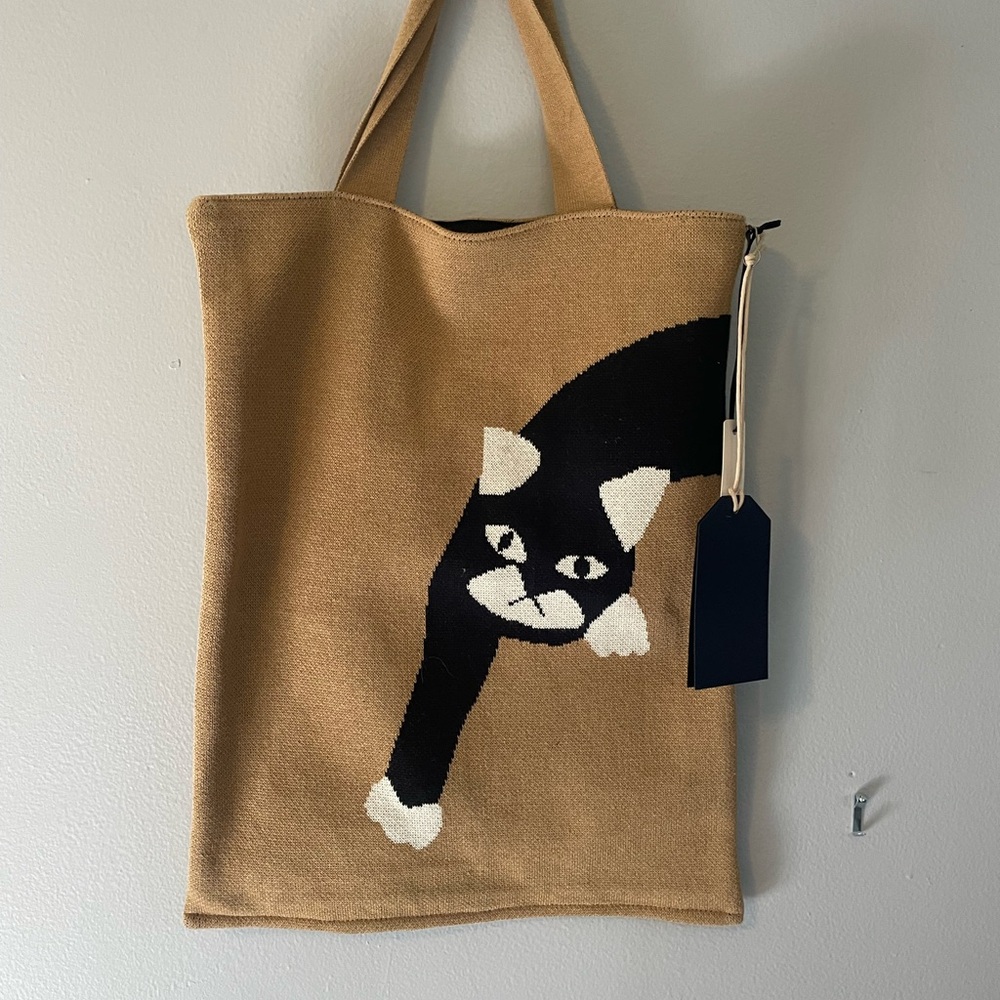 Tan Cat Carrier Tote with Black and White Design